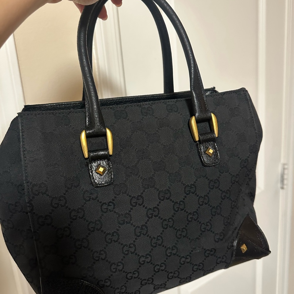 Gucci GG Canvas Tote Bag In Black Leather With Studs - Picture 9 of 16